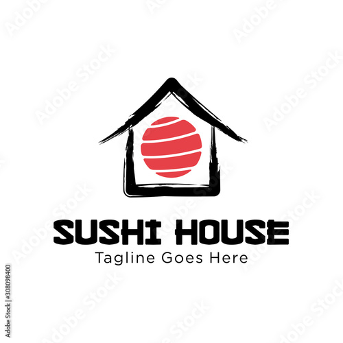 sushi house logo design vector template illustration. consisting of a sushi icon on house. sushi restaurant, sushi bar, sashimi, Japanese food symbol icon