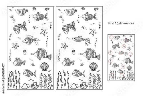 Cute sea fish vector illustration. Find 10 differences. Educational game for children.