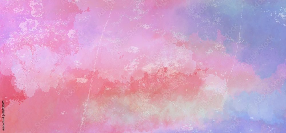 Pink and blue watercolor background with faded distressed white grunge texture in abstract sunrise or sunset sky painting