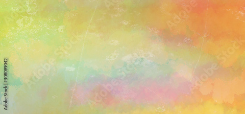 Yellow orange watercolor background with faded distressed white grunge texture in abstract sunrise or sunset sky painting