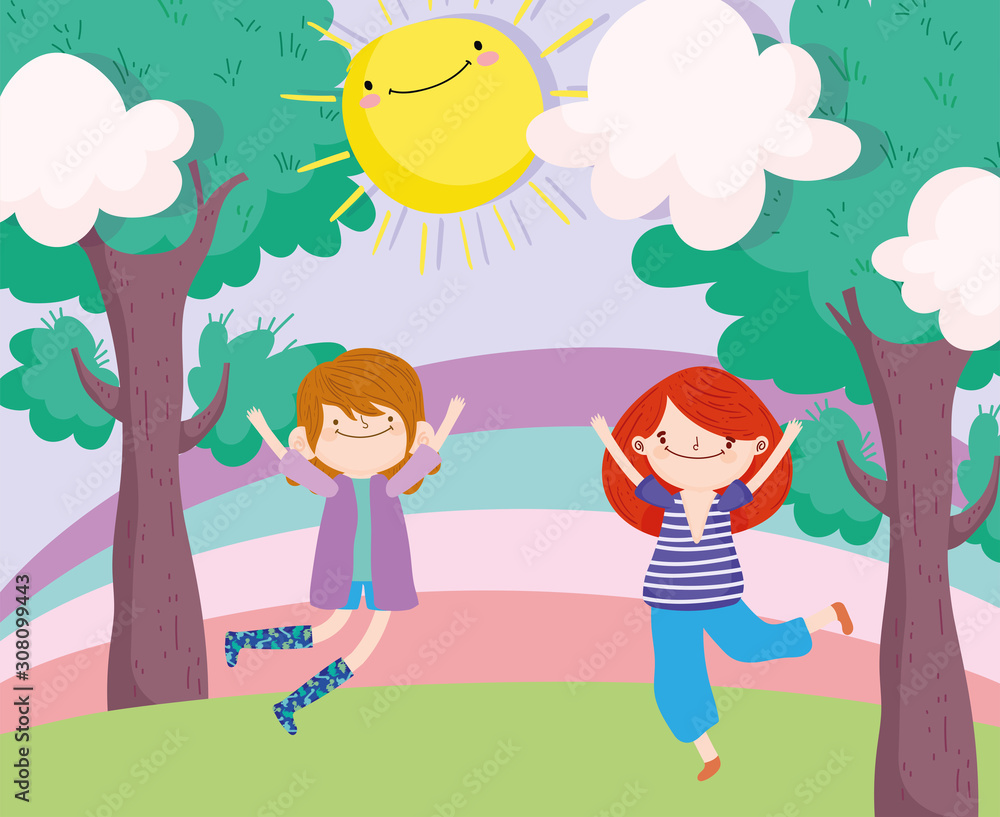 happy children day, little boy and girl jumping in the park