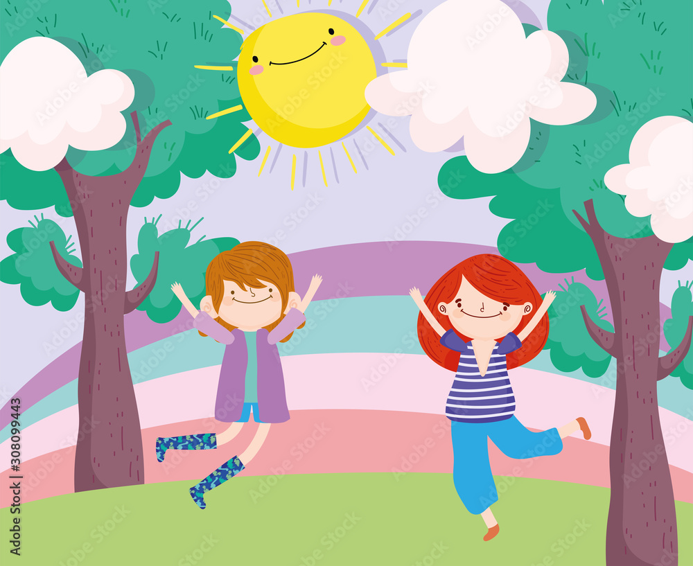 happy children day, little boy and girl jumping in the park happy children day, little boy and girl jumping in the park