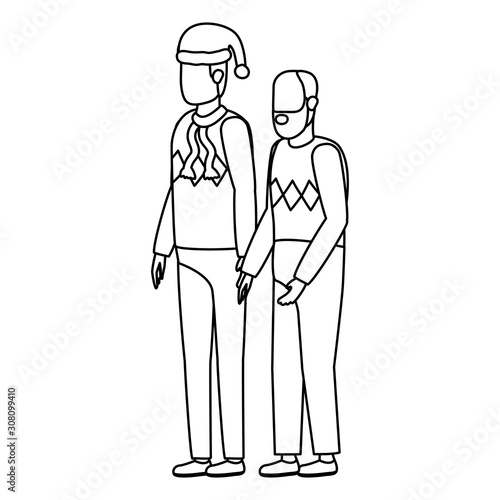 cute grandfather with young son using christmas hat