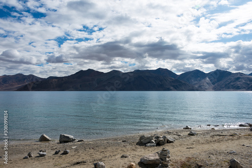 Ladakh, India - Aug 05 2019 - Pangong Lake view from Between Spangmik and Maan in Ladakh, Jammu and Kashmir, India. The Lake is an endorheic lake in the Himalayas situated at a height of about 4350m.