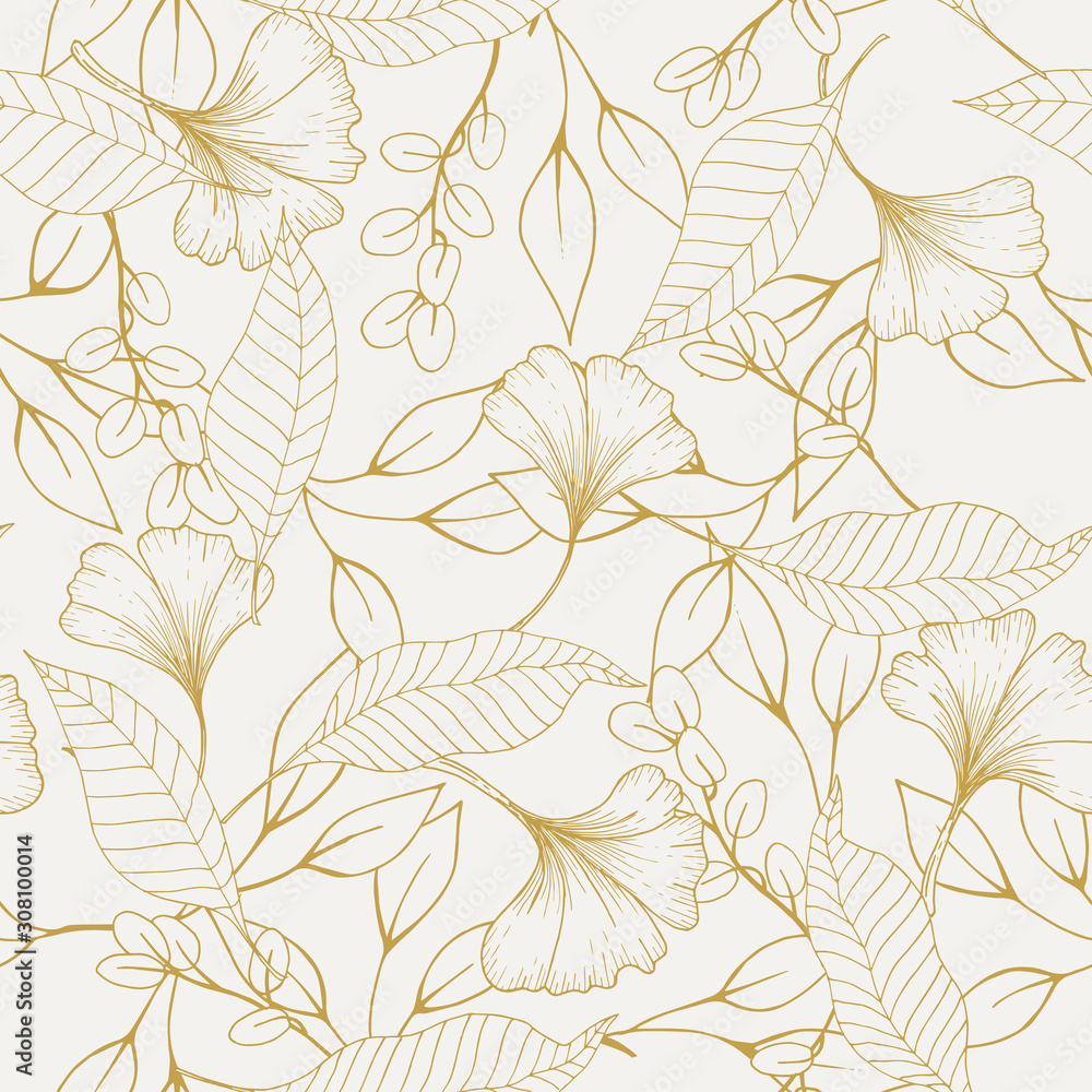 Fototapeta Botanical vector illustration of painted small floral template and outline drawing elements. Rustic vintage green leaves and pink hand sketched flowers seamless pattern on white background.