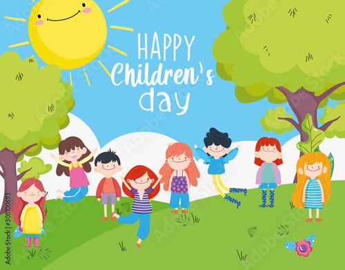 happy children day, group little kids celebration park