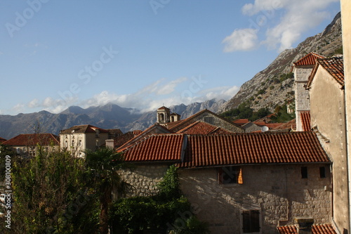 A View of Roofs and Mountains in Perast, Montenegro