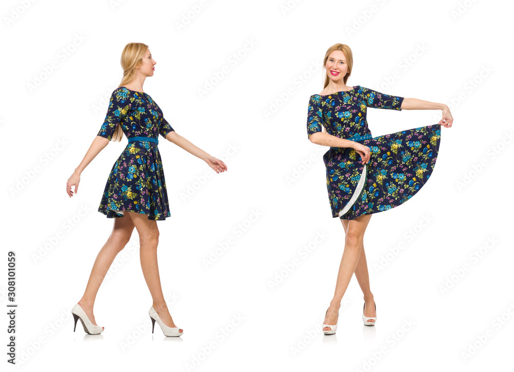 Woman in dark blue floral dress isolated on white Woman in dark blue floral dress isolated on white