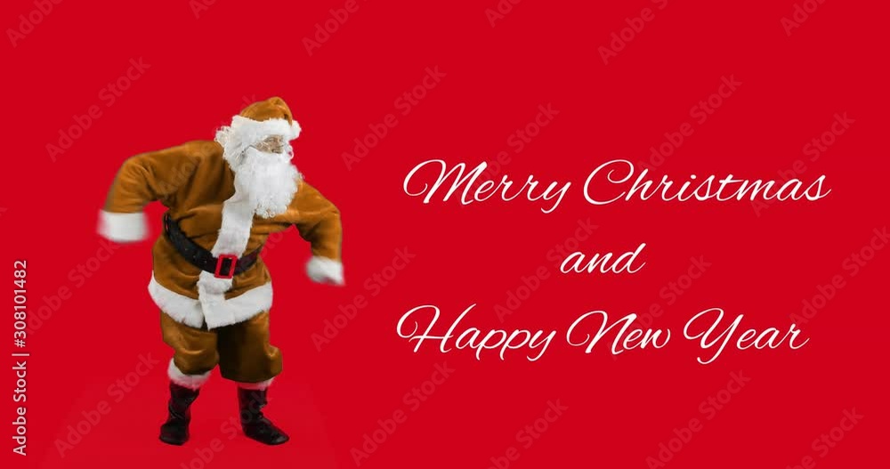 Santa Claus dancing on red with Merry Christmas and Happy New Year seasons greetings. Santa Claus dancing on red with Merry Christmas and Happy New Year seasons greetings.
