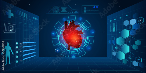 Human heart and treatment science technology concept. Future science technology black and blue abstract background. A concept hospital for wallpaper and web. Vector illustration