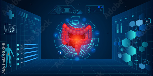 Human intestines and treatment science technology concept. Future science technology black and blue abstract background. A concept hospital for wallpaper and web. Vector illustration