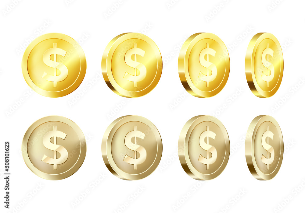 Rotation metallic gold coin template. Golden dollar icon. Business symbol of money. Vector illustration Rotation metallic gold coin template. Golden dollar icon. Business symbol of money. Vector illustration
