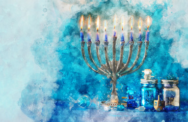 religiob watercolor style and abstract image of jewish holiday Hanukkah with menorah (traditional candelabra)