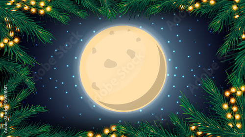 Christmas background, blue starry sky, big full moon and frame og Christmas tree branches and garlands