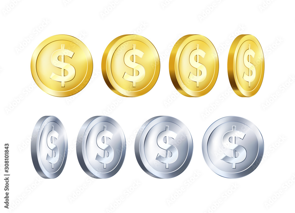 Rotation metallic gold and silver coin template. Golden and Silver dollar icon. Business symbol of money. Vector illustration isolated on white background Rotation metallic gold and silver coin template. Golden and Silver dollar icon. Business symbol of money. Vector illustration isolated on white background