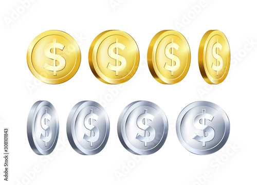 Rotation metallic gold and silver coin template. Golden and Silver dollar icon. Business symbol of money. Vector illustration isolated on white background