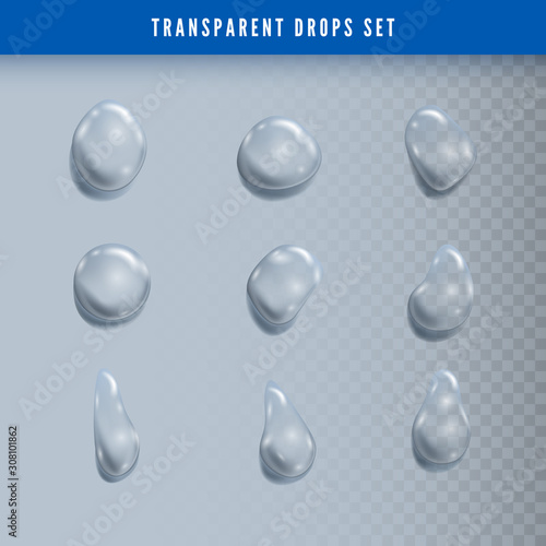 Set of Drops. Liquid clear droplet. Dew on glass surface. vector illustration on transparent background