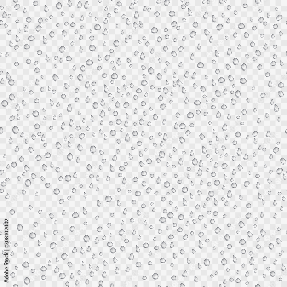 Seamless texture of Drops. Liquid clear droplet. Dew on glass surface. Realistic aqua pattern. vector illustration on transparent background