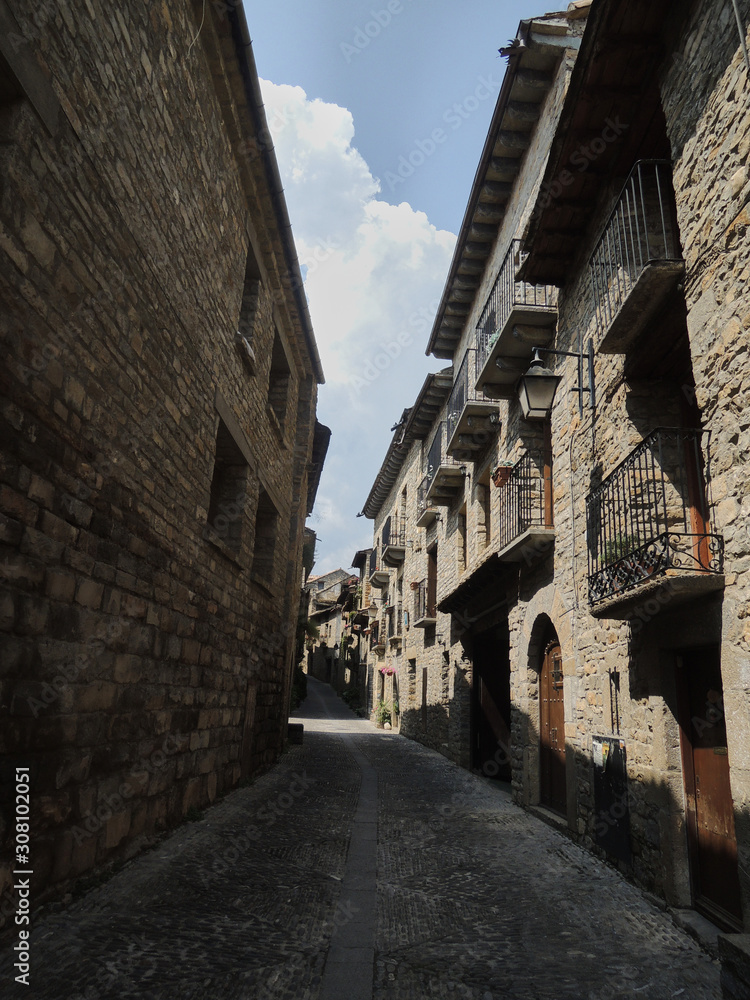 Streets of the town of Aínsa in the Pyrenees. Province of Huesca Aragon. Spain