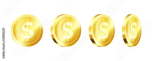 Metallic gold coin template. Rotation golden dollar icon. Vector illustration