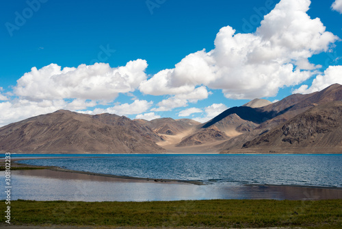 Ladakh  India - Aug 05 2019 - Pangong Lake view from Between Spangmik and Maan in Ladakh  Jammu and Kashmir  India. The Lake is an endorheic lake in the Himalayas situated at a height of about 4350m.