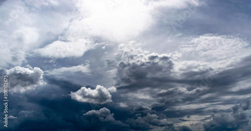 Stormy sky with dark heavy clouds forming in the distance, cloudscape background with blue sky © Bruno R.B S.