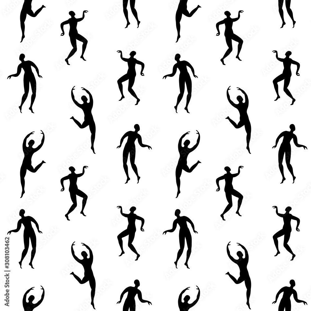 Seamless pattern with dancing people silhouettes. Black figures on white background. Vector illustration.