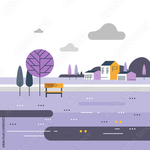 Countryside concept, small bench at river, beautiful view, nice neighborhood