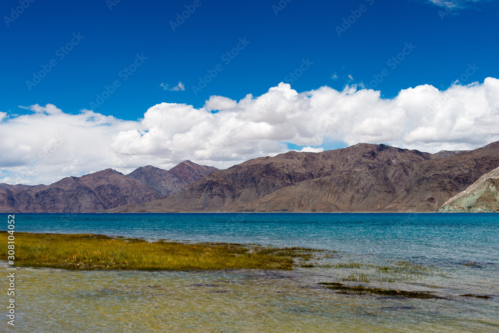 Ladakh, India - Aug 06 2019 - Pangong Lake view from Between Kakstet and Merak in Ladakh, Jammu and Kashmir, India. The Lake is an endorheic lake in the Himalayas situated at a height of about 4350m. Ladakh, India - Aug 06 2019 - Pangong Lake view from Between Kakstet and Merak in Ladakh, Jammu and Kashmir, India. The Lake is an endorheic lake in the Himalayas situated at a height of about 4350m.