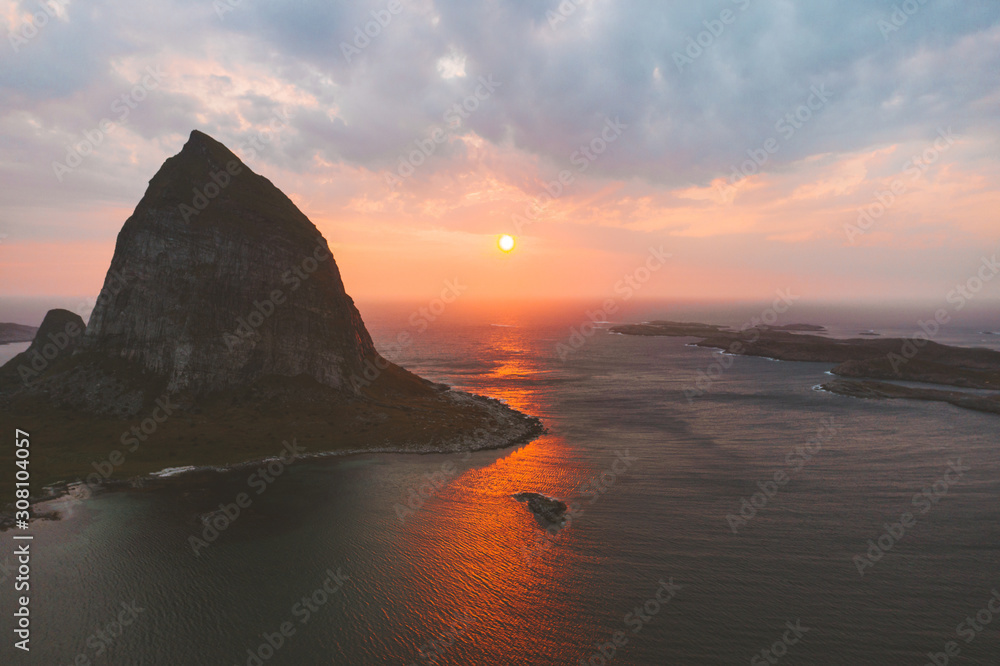 Norway landscape sunset island rock in sea travel beautiful destinations Traena islands idyllic nature scenery.