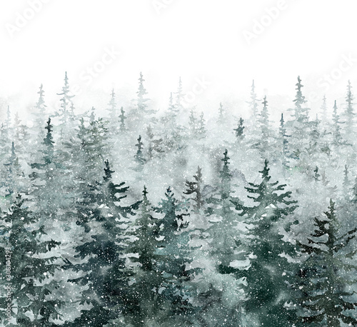 Watercolor winter pine tree forest background. Hand painted conifer spruce trees with falling snow. Nature landscape scene with trees and fog. Christmas themed design. © Anna Nekotangerine