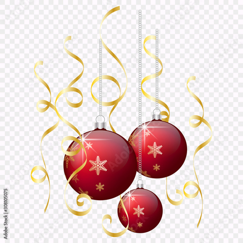 Vector illustration. Festive Christmas decoration. Red Christmas balls  with snowflakes and highlights and gold ribbons on isolated background 