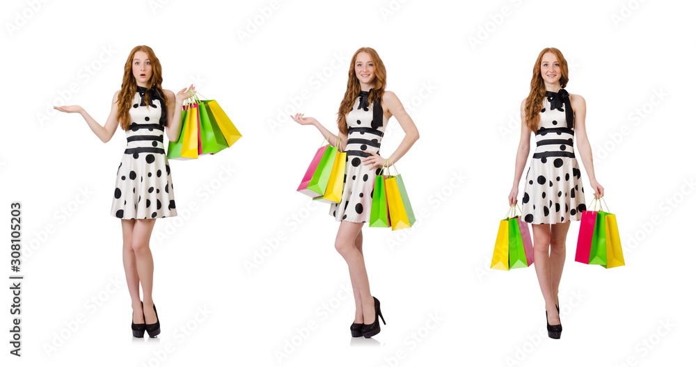 Young woman with shopping bags on white Young woman with shopping bags on white