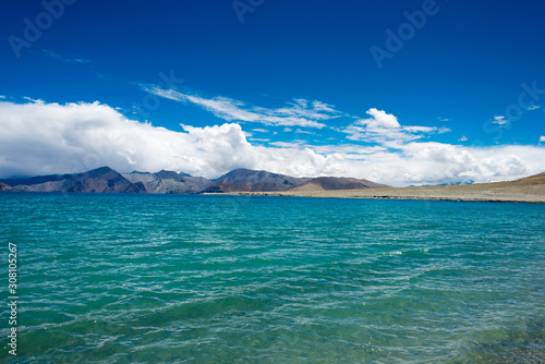 Ladakh, India - Aug 06 2019 - Pangong Lake view from Between Kakstet and Merak in Ladakh, Jammu and Kashmir, India. The Lake is an endorheic lake in the Himalayas situated at a height of about 4350m.