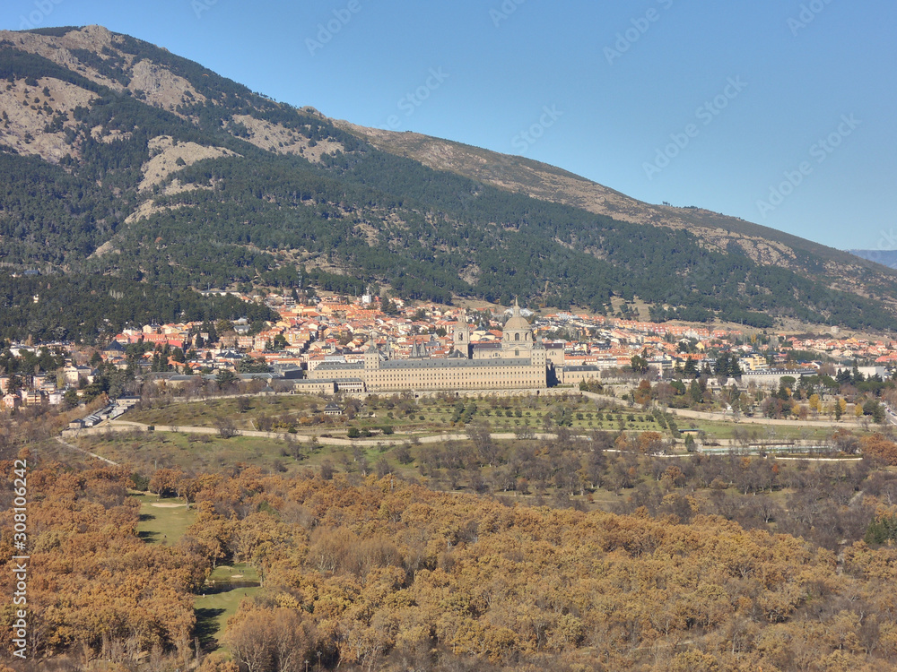 The Monastery of El Escorial and the National Park of the Sierra de Guadarrama seen from the chair of Felipe II. Madrid's community. Spain