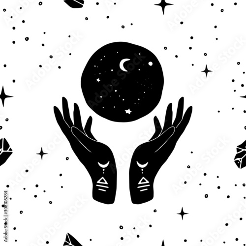 Vector seamless pattern of henna mystic mudra hands, moon and stars. Great for fabric, wrapping paper. Aztec stile, tribal art, ethnic collection, design isolated on white background.
