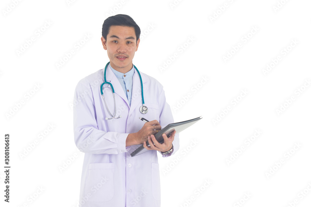 Asian young doctor with folder isolated on white background Asian young doctor with folder isolated on white background