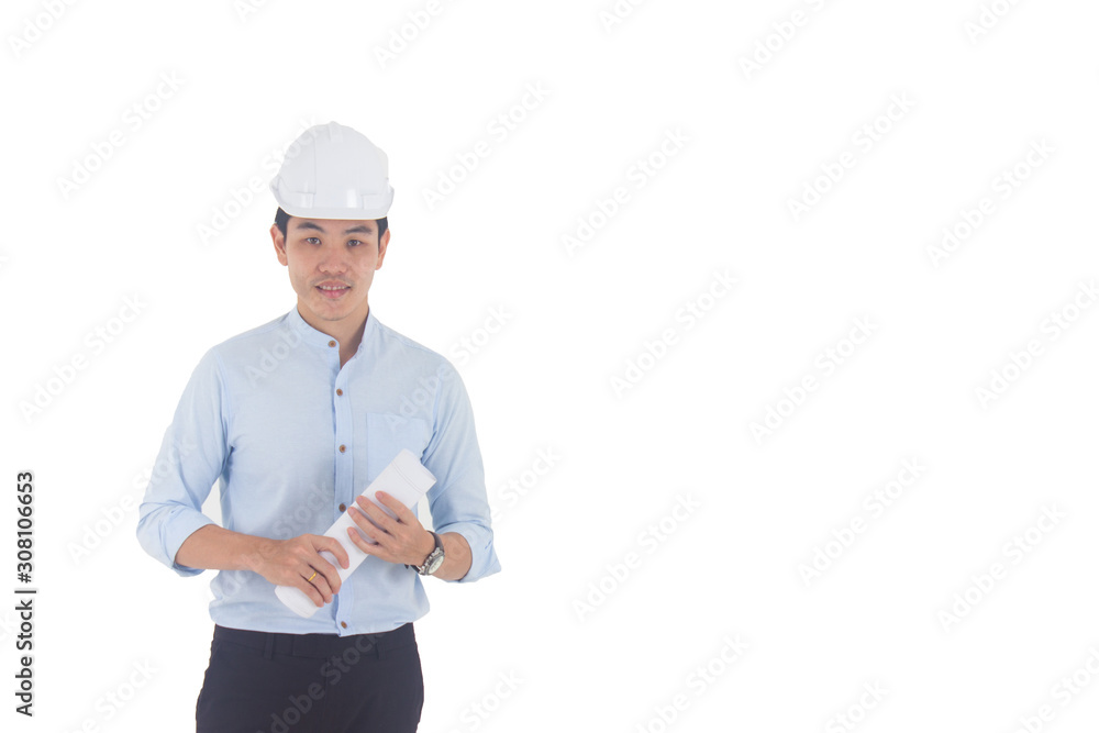 Young man architect wearing helmet and holding blueprint isolated on white background Young man architect wearing helmet and holding blueprint isolated on white background