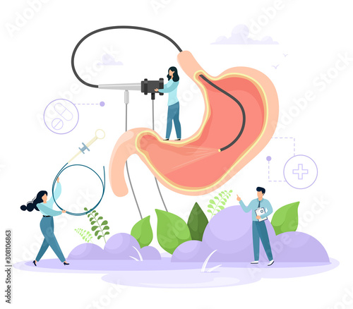 Diagnosis of the stomach using endoscopy. Human stomach with endoscope inside, tiny doctors characters. Vector concept in cartoon flat style.