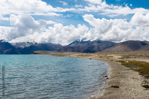 Ladakh  India -Aug 06 2019 - Pangong Lake view from Between Kakstet and Chushul in Ladakh  Jammu and Kashmir  India. The Lake is an endorheic lake in the Himalayas situated at a height of about 4350m.