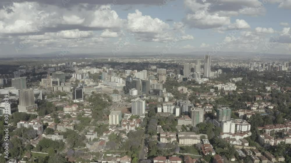 Drone video viewing of Westlands skyline in Nairobi city from above. 