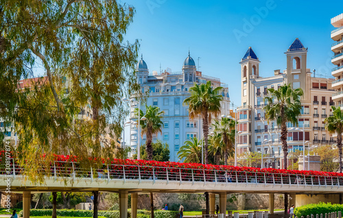Pont de les Flors. Flower Bridge across dry riverbed transformed into longest city park in Europe. Valencia. Spain.