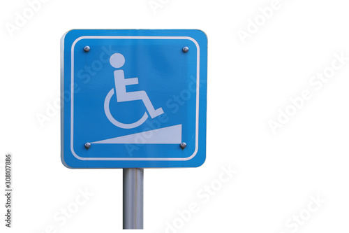 Disabled parking space and wheelchair way sign and symbols on a pole warning motorists white background 