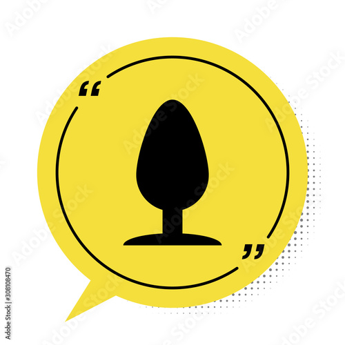 Black Anal plug icon isolated on white background. Butt plug sign. Fetish accessory. Sex toy for men and woman. Yellow speech bubble symbol. Vector Illustration