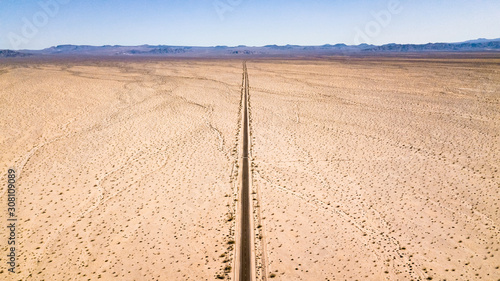 Panoramic drone view of a desert road in Death Valley