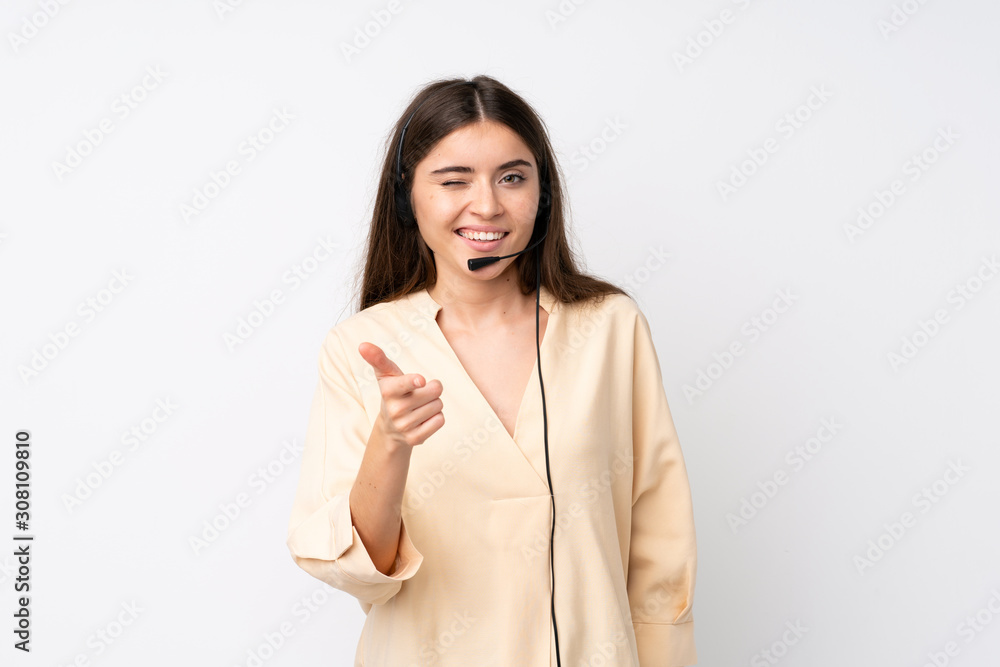 Young telemarketer woman over isolated white background points finger at you Young telemarketer woman over isolated white background points finger at you