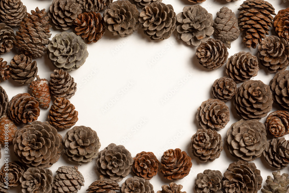 Christmas circle frame of pine cones on white background with copy space Christmas circle frame of pine cones on white background with copy space