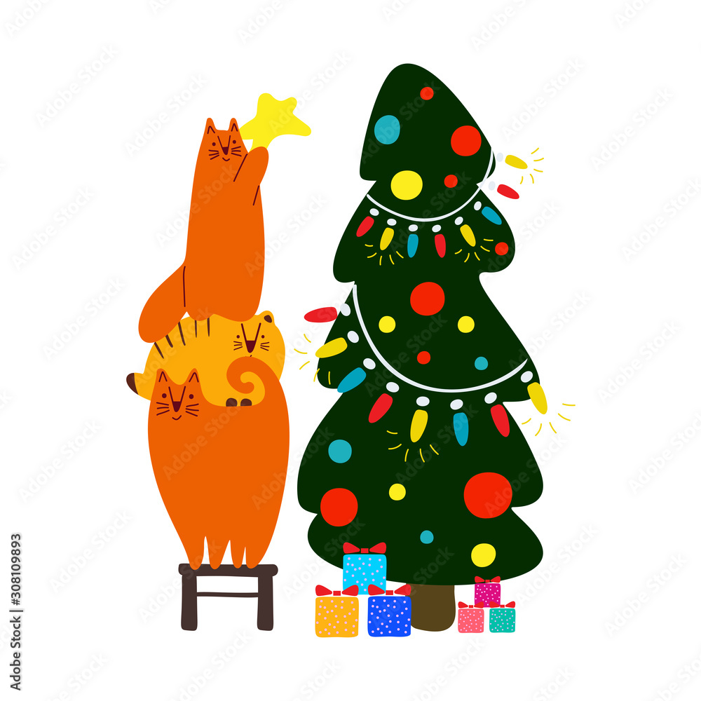 Fototapeta premium Red cats decorate the Christmas tree. Christmas and New Year celebration. Christmas mood lettering. Design for cards, banners, posters, textiles.