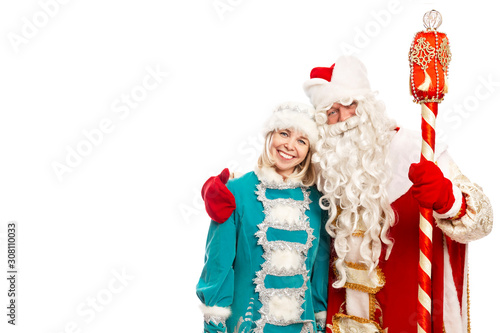 Quadro em tela Russian Santa Claus with a snow maiden hug and smile
