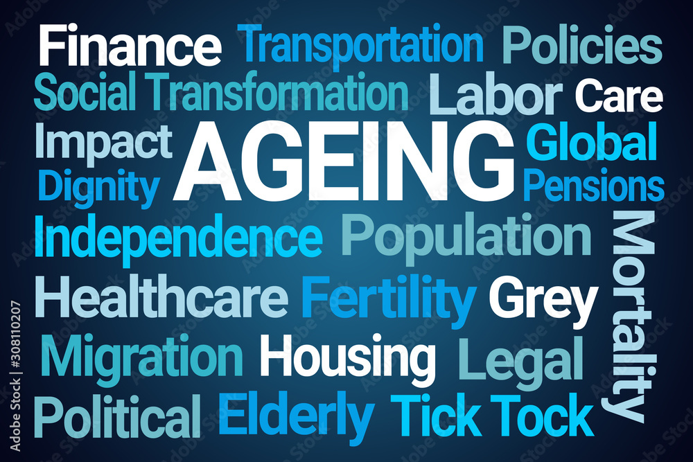 Ageing Word Cloud on Blue Background